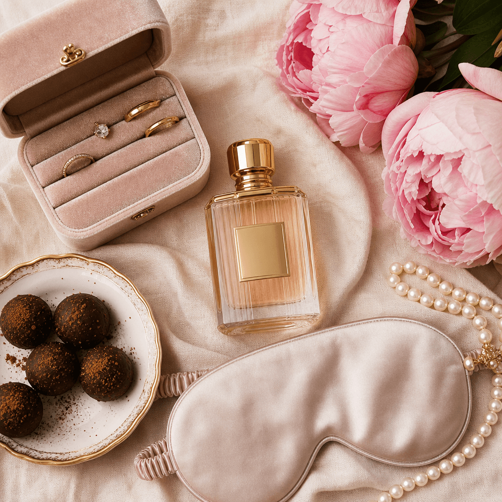 A decadent flat-lay of jewelry, perfume, and silk ribbons