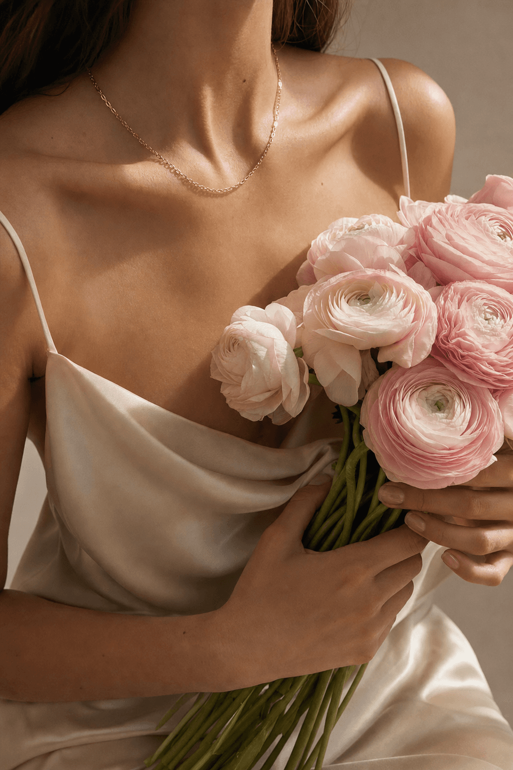 A woman in a cream silk slip holding pale pink ranunculus