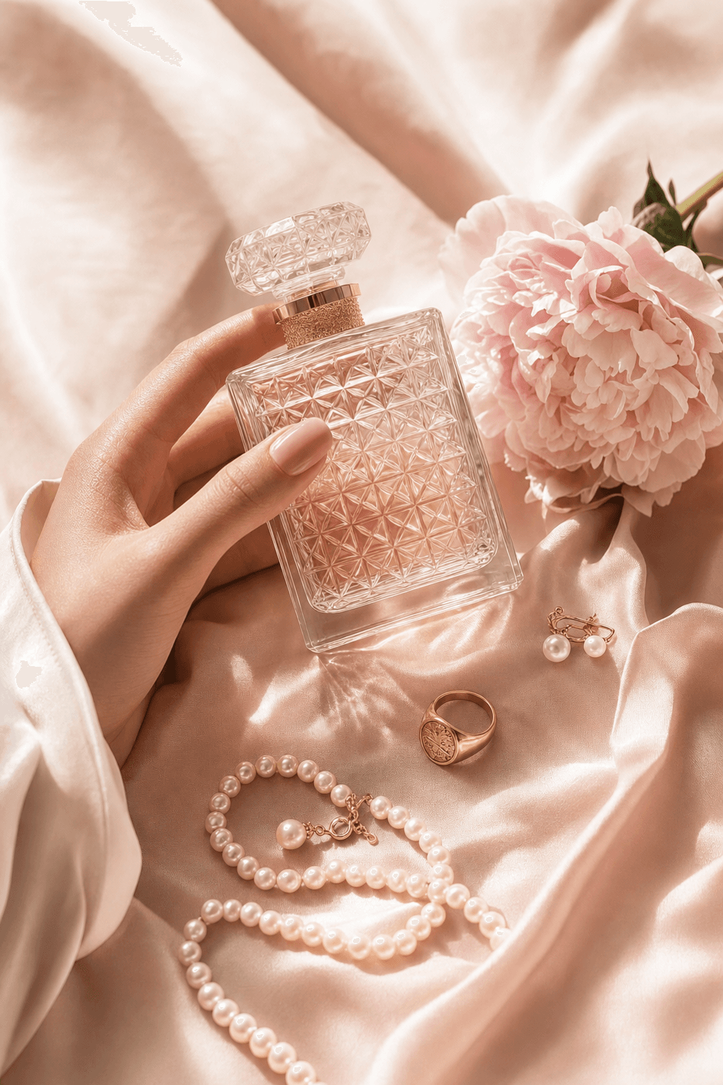 A hand holding a crystal-cut perfume bottle on blush silk